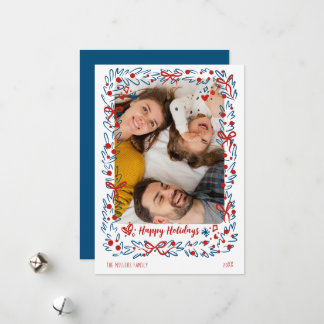 Whimsical blue red Christmas Photo Card wreath Feestdagenkaart