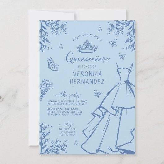 Whimsical Blue Scribble Quinceanera Invitation (Devant)