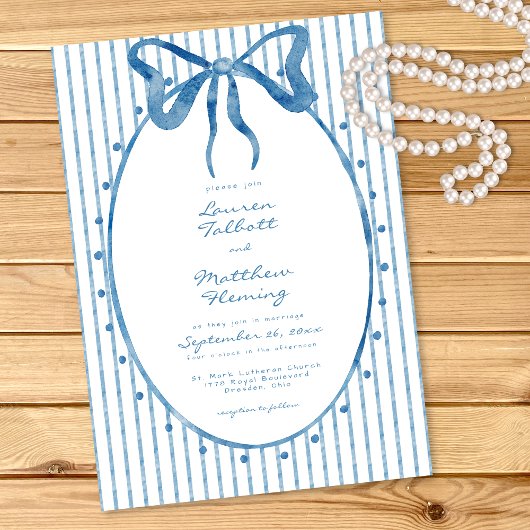 Whimsical Blue Watercolor Bow Stripe Wedding Kaart
