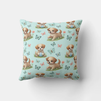 Whimsical Blue Watercolor Puppies and Butterflies Kussen