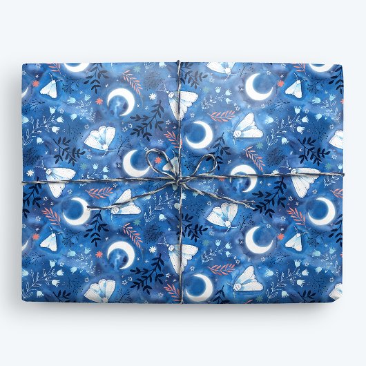 Whimsical Blue Waterverf Moths and Moon Cadeaupapier