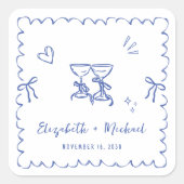 Whimsical Blue Wavy Frame Wedding Vierkante Sticker (Voorkant)