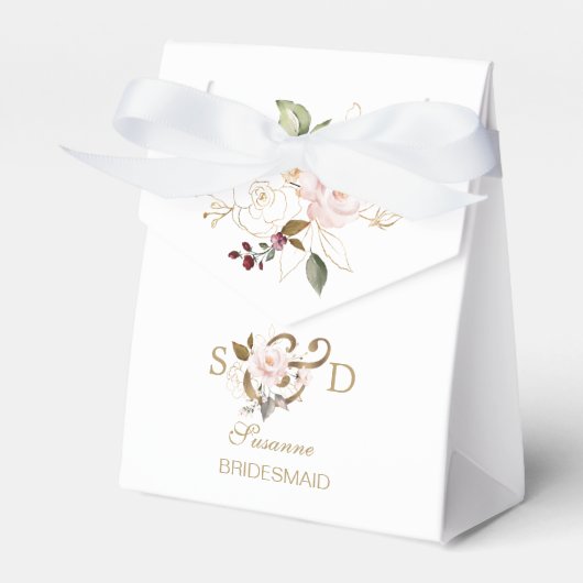 Whimsical Blush Gold Flowers Monogram Weddenschap Bedankdoosjes (Voorkant Zijde)