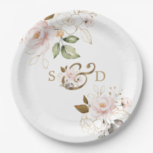Whimsical Blush Gold Flowers Monogram Weddenschap Papieren Bordje