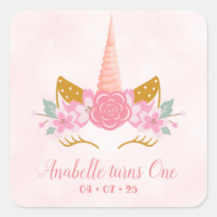 Whimsical Blush Pink Unicorn First Birthday Vierkante Sticker