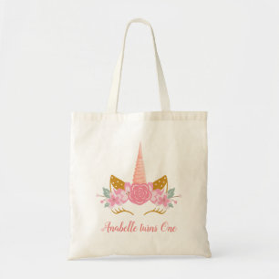 Whimsical Blush Pink Unicorn Horn Girls Birthday Tote Bag