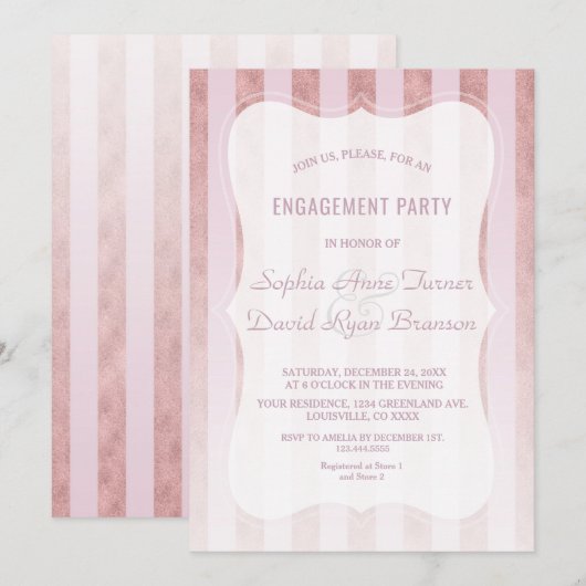 Whimsical Blush Roos Gold Stripes Engagement Party Kaart (Voorkant / Achterkant)