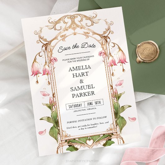 Whimsical Blush Roze en Gouden Bloemen Save the Da Kaart