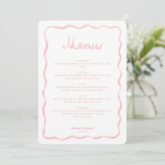 Whimsical Blush Roze Wit Wavy Lijst bruiloft Menu (Staand voorkant)