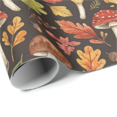 Whimsical Boho Autumn Mushrooms Leaves on Black Cadeaupapier (Rol Hoek)