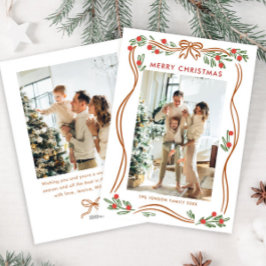 Whimsical Boho Beige Christmas Bow Ribbon 2 Foto Feestdagenkaart