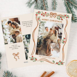 Whimsical Boho Beige Christmas Bow Ribbon 3 Foto Feestdagenkaart