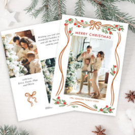 Whimsical Boho Beige Christmas Bow Ribbon 3 Foto Feestdagenkaart