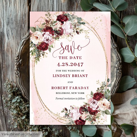 Whimsical Boho Burgundy Blush Gold Floral Date Kaart