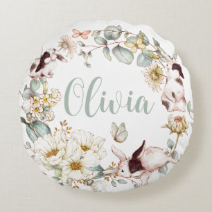 Whimsical Boho Chic Bunny Konijn Botanische Bloeme Rond Kussen