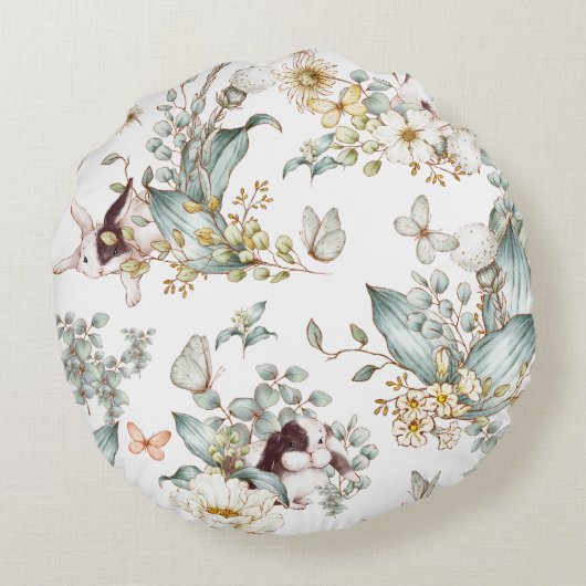 Whimsical Boho Chic Bunny Konijn Botanische Bloeme Rond Kussen (Achterkant)