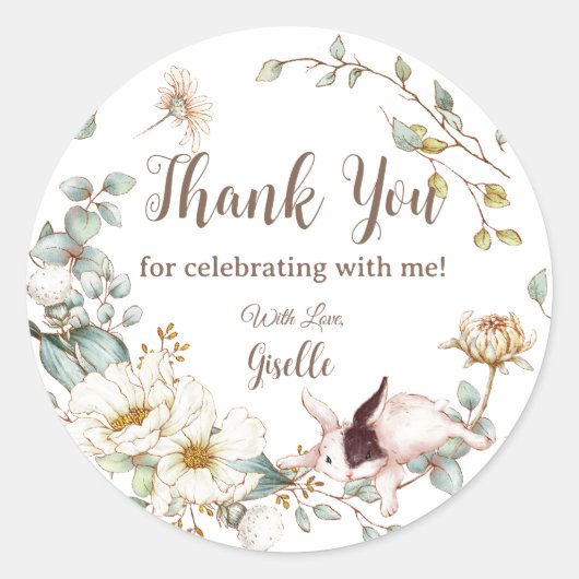 Whimsical Boho Chic Konijn Rabbit Botanisch Bloemm Ronde Sticker (Voorkant)