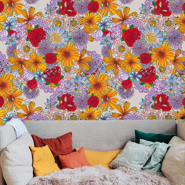 Whimsical Boho Chic Sinaasappel Rood Roze Bloemen Behang (Creator heeft geüpload)