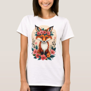 Whimsical Boho Fox met Floral Crown Woodland Art T-shirt