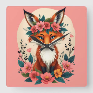 Whimsical Boho Fox met Floral Crown Woodland Vierkante Klok