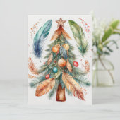 Whimsical Boho Kerstboom Ornamenten & Veren Feestdagenkaart (Staand voorkant)