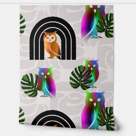Whimsical Boho Owl & Tropical Monstera Leaf Behang