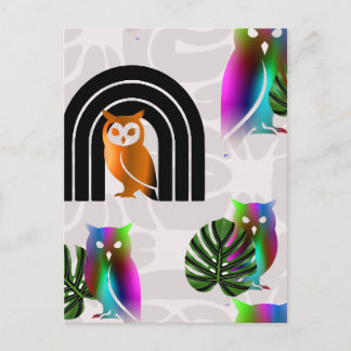 Whimsical Boho Owl & Tropical Monstera Leaf Briefkaart