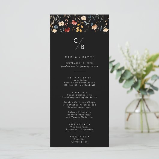 Whimsical Boho Wildebloem Monogram Bruiloft Menu (Staand voorkant)