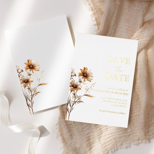 Whimsical boho wildflower bruiloft bespaar de datu folie uitnodiging