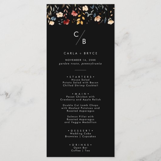 Whimsical Boho Wildflower Monogram Wedding Menu (Voorkant)