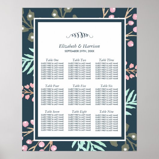 Whimsical Botanical Berry Wedding Seating Chart Poster (Voorkant)