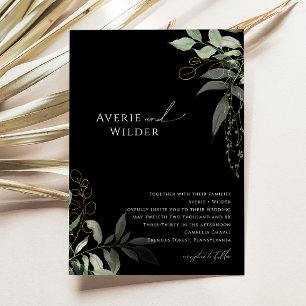 Whimsical Botanical Black and Gold Wedding Kaart