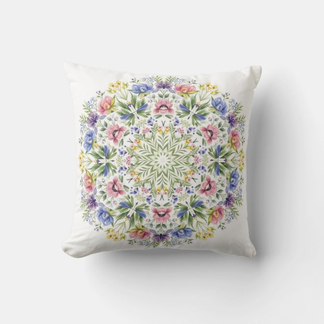Whimsical Botanical Mandala Watercolor Floral Kussen (Voorkant)