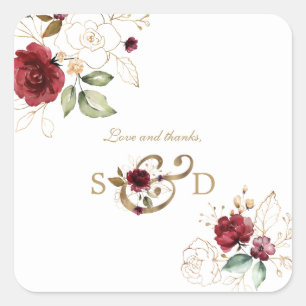 Whimsical Bourgogne Gold Flowers Monogram Weddensc Vierkante Sticker