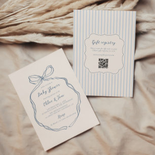 Whimsical Bow Blue Stripes Baby shower Kaart