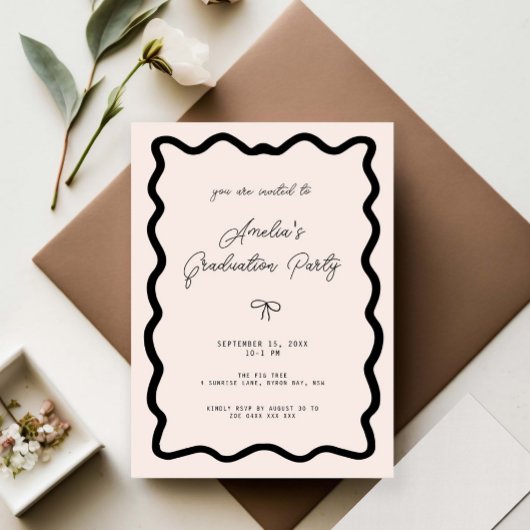 Whimsical Bow cursive border graduation party Kaart