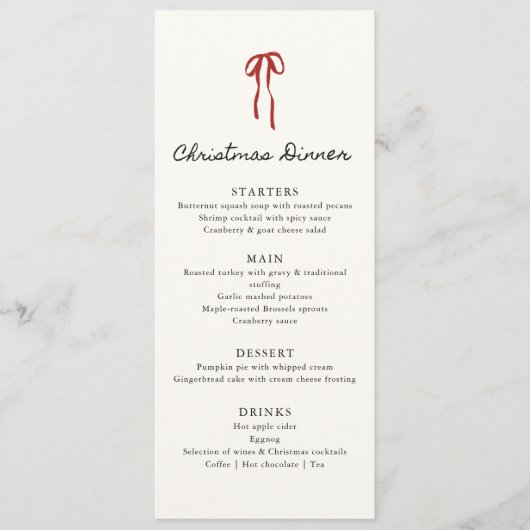 Whimsical bow, Hand drawn Christmas Dinner  Menu (Voorkant)