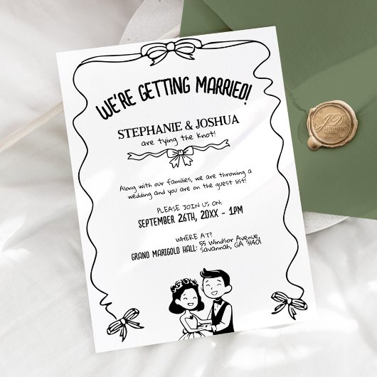 Whimsical Bow Lijst met Cartoon bruid en bruidegom Kaart