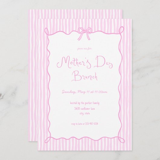 Whimsical Bow Pink Mère's Day Invitation Brunch (Devant / Derrière)