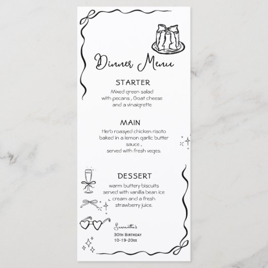 Whimsical Bow Quirky Hand getrokken boog Verjaarda Menu (Voorkant)