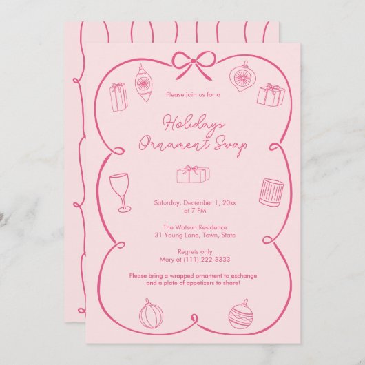 Whimsical Bow Roze Feestdagen Ornament Swap Party Kaart (Voorkant / Achterkant)