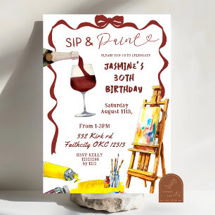 Whimsical Bow Wine Sip en Paint Verjaardag Kaart