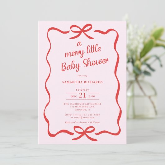 Whimsical bows red pink Merry little baby shower Kaart (Staand voorkant)