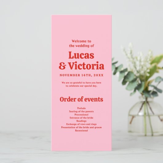 Whimsical Bright Red and Pink Wedding Programme (Debout devant)