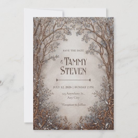 Whimsical Bronze Filigree Forest Wedding Kaart (Voorkant)