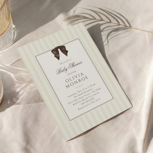 Whimsical Brown Bow Striped Baby Shower Kaart