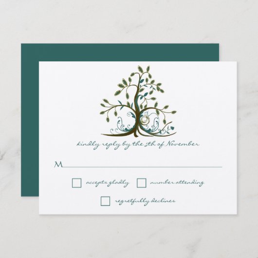 Whimsical Brown Turquoise Green Tree Mariage RSVP (Devant / Derrière)