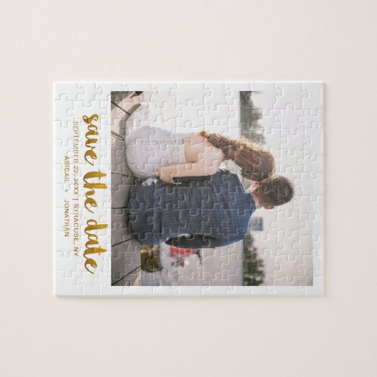 Whimsical Brush Script Foto Sla de datum goud op Legpuzzel (Horizontaal)