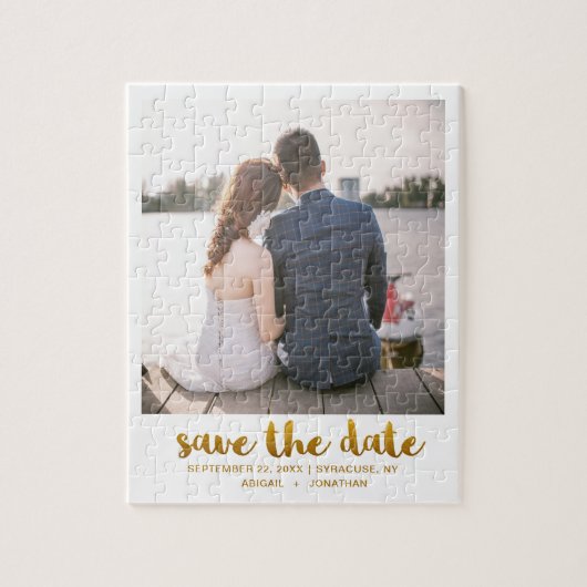 Whimsical Brush Script Foto Sla de datum goud op Legpuzzel (Verticaal)