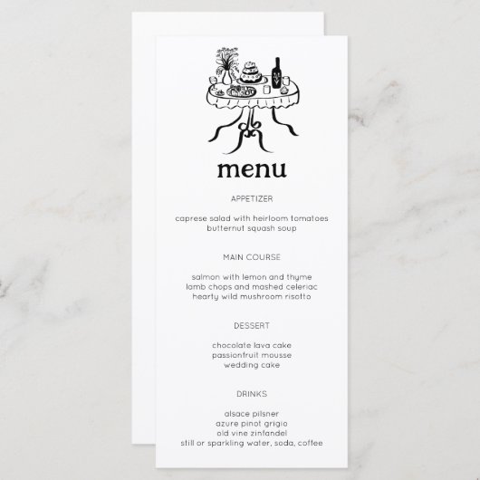 Whimsical Buffet Table Doodle Sketch Modern CUSTOM Menu (Voorkant / Achterkant)